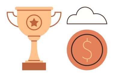 Yıldızlı kupa zaferi simgeler, madeni para zenginliği simgeler ve bulut da yenilik ya da hedefleri. Başarı, başarı, büyüme, finans, ödül yenilik performansı için idealdir. Basit düz