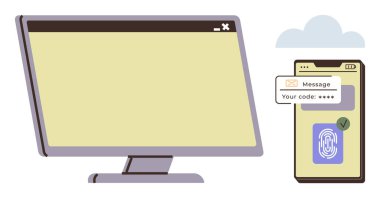 Akıllı telefon ekranının yanında biyometrik parmak izi taraması ve doğrulama kodu bildirimi gösteren masaüstü monitörü. Siber güvenlik, giriş güvenliği, kimlik denetimi, çevrimiçi mahremiyet ve veri için ideal