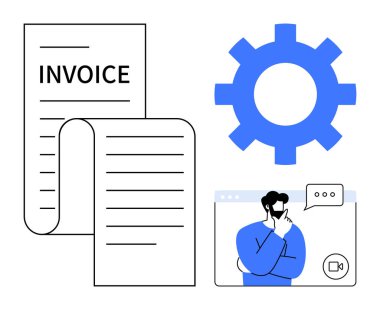 Fatura belgesi, mavi dişli ve otomasyon, finans, iletişim, iş akışı verimliliği ve yeniliği sembolize eden sanal bir arayüzde bir kişi. İş ve teknoloji için ideal bir e-ticaret