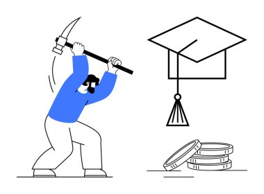 Bozuk paraların ve mezuniyet şapkasının yanında kazma işçisi, emek, eğitim ve finansal hedefleri sembolize ediyor. Başarı, kariyer büyümesi, eğitim maliyetleri, azim ve sıkı çalışma için ideal