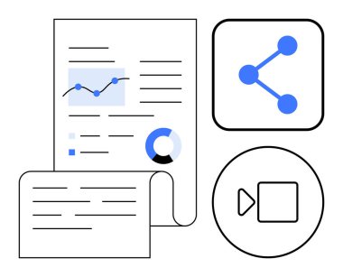 Grafikleri ve grafikleri olan belgeler, paylaşım simgesi, video oynatma düğmesi. Veri sunumu için ideal, analitik, içerik stratejisi, dijital iletişim, takım çalışması, işbirliği basit iniş sayfası
