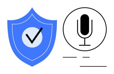 Güvenlik ve koruma anlamına gelen mavi bir kalkan, ses için siyah mikrofon ve ses için ince çizgiler. Siber güvenlik, gizlilik, ses, doğrulama, teknoloji ve iletişim için ideal