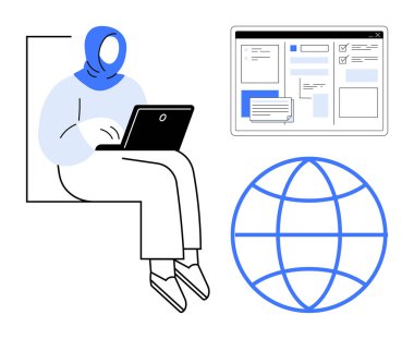 Dizüstü bilgisayarda yazan kadın, küresel bağlantıyı temsil ediyor, dijital işbirliği için web arayüzü. Uzaktan çalışma, çevrimiçi öğrenme, küresel iletişim, teknoloji ve çeşitlilik için ideal
