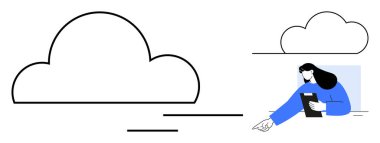 Tablet tutan kadın, bulut elementleriyle etkileşim halinde, veri erişimini ve bağlantıyı vurguluyor. Teknoloji, bulut hesaplama, veri paylaşımı, yenilik, ağ oluşturma, dijital dönüşüm için ideal