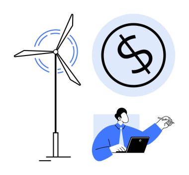 Yenilenebilir enerjiyi temsil eden rüzgar türbini, finansmanı sembolize eden dolar işareti ve dizüstü bilgisayarda strateji belirleyen iş adamı. Sürdürülebilirlik, finans, enerji, teknoloji, yenilik ve iş için ideal