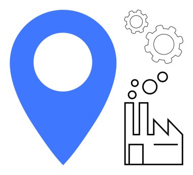 Mavi lokasyon iğnesi, nokta yayan fabrika ana hatları ve vites simgeleri endüstriyel otomasyonu, üretimi, yeniliği veya iş akışını sembolize ediyor. Lojistik, ilerleme süreci ve akıllı endüstri için ideal