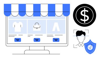 Mağaza önü, alışveriş arabaları ve ürün simgeleriyle bilgisayar ekranı. Dolar ödeme sembolü, kullanıcı yüzü taraması ve kalkan işaretli kimlik doğrulama, e-ticaret ve güvenlik. İnternet alışverişi için ideal