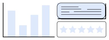 Tablo veri karşılaştırmasını gösteriyor, metin kutusu incelemeyi temsil ediyor ve beş yıldızlı not değerlendirmeyi gösteriyor. Derecelendirme sistemi, geri bildirim, performans, analitik, veri görselleştirme, incelemeler için ideal