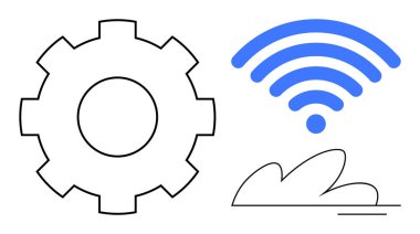 Mavi kablosuz sinyal ve bulut elementinin yanında vites simgesi. Teknoloji, ağ, otomasyon, bulut hesaplama, dijital iletişim, bağlantı, yenilik için idealdir. Temiz ve basit bir daire