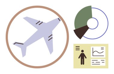 Dairesel çerçeve içinde uçak, pasta grafiği ve kişi ve grafikli bilgi kartı. Seyahat, havacılık, veri analizi, iş sezgileri, lojistik istatistik eğitimi için idealdir. Basit düz