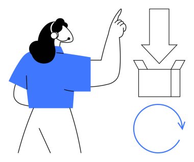 Kadının biri açık bir kutuya ve dairesel bir oka giden indirme okunu işaret ediyor. Kavramların dağıtımı, güncellemeleri, işlemleri, lojistiği, iş akışını, talimatları ve otomasyonu onaylaması için idealdir. Basit.