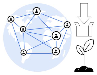 Dünya haritasında birbirine bağlı insan simgeleri küresel bir ağı temsil ediyor. Yanında büyümeyi sembolize eden bir tohum ve teslimat için aşağıya doğru ok atılmış açık bir kutu var. İşbirliği ve yenilik için ideal