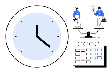 Saat, profesyonellerle dengeleyici terazinin yanında, takvim. Zaman yönetimi, iş hayatı dengesi, verimlilik, karar verme, planlama, son teslim tarihleri için ideal. Basit düz metafor