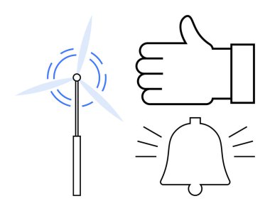 Rüzgar türbini dönüyor, baş parmak işareti ve yenilenebilir enerjiyi, onayı, uyarıları, çevresel eylemleri, çevre dostu tercihleri ve basit bir iniş sayfasını temsil eden zil çalıyor.