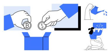 Bir kutuya dolar ve bitcoin para koyan eller, ekranda kodlayan insanlar ve tomurcuklanan bir bitkiyi sulayan insanlar. Finans, yatırım, teknoloji, büyüme, takım çalışması, yaratıcılık için ideal basit iniş