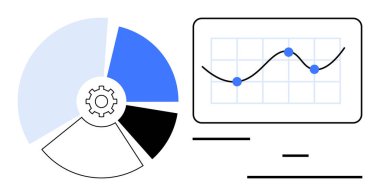 Dişli sembollü pasta grafiği, analiz için segmentlenmiş, ve şebeke üzerinde veri olan bir çizgi grafiği. Veri analizi, performans takibi, iş sezgileri, strateji, izleme ve planlama için ideal