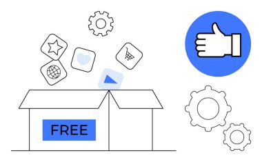 Açık kutu, alışveriş, yıldız, oyun ve kalbin simgelerini onaylıyor. İşlevsellik, yenilik ve memnuniyet öneren baş parmaklar ve vitesler. Teknoloji ve iş için ideal.