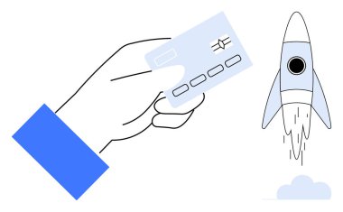 Finansal büyümeyi, yeniliği ve ilerlemeyi simgeleyen bir roketin yanında el ele tutuşan bir kredi kartı. İş, girişim, teknoloji, e-ticaret ve yatırım için ideal. Basit.