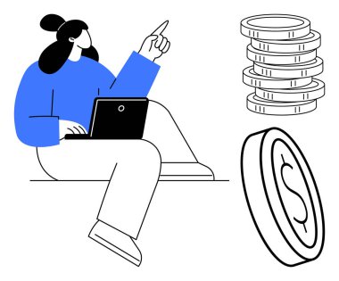 Dizüstü bilgisayarda çalışan bir kadın, madeni paraların yanında el kaldırır. Finans, para yönetimi, yatırımlar, gelir büyümesi, çevrimiçi iş, mali planlama için ideal, basit düz metafor