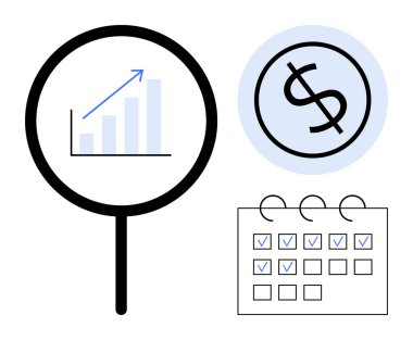 Büyütme camı büyüme grafiği, dolar sembolü ve kontrol listesi takvimine odaklanıyor. İş analizleri, finansal planlama, ilerleme takibi, strateji, bütçe, araştırma dairesi için ideal