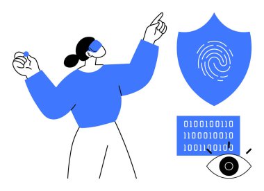 Parmak izi ikonu ve ikili kod elemanlarıyla etkileşime giren kadın dijital güvenliği vurguluyor. Siber güvenlik, biyometri, gizlilik, yenilik, teknolojik farkındalık, veri koruması için ideal