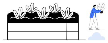 Bahçe yatağının yanında filizlenen bitkilerle birlikte ampul tutan adam yenilenebilir enerji, büyüme, ekolojik yenilik, yeşil enerji, sürdürülebilirlik, yaratıcılık, ilham ve çevre çözümlerini sembolize ediyor.