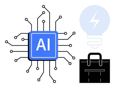 Merkezi yapay zeka çipi devre, parlayan ampul ve evrak çantasıyla bağlandı. Teknoloji, yapay zeka, yenilik, iş, yaratıcılık, dijital stratejiler ve kavramlar için ideal