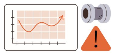 Artan eğri performansı, boru hattı bölümü sanayiyi temsil eden büyüme grafiği ve uyarı ikonu uyarısını gösteriyor. Analiz, imalat, güvenlik, risk ve performans için ideal