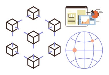 Engelleme zinciri oluşturan bağlı bloklar, grafiklerle veri analizi gösterge paneli, küresel küre vurgulama bağlantıları. Teknoloji, kripto para birimi, ademi merkeziyet, finans, veri analizi için ideal
