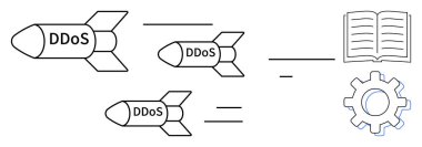 Açık bir kitap ve teçhizata yaklaşan üç DDoS füzesi eğitim, bilgi ve teknolojiye yapılan siber saldırıları sembolize ediyor. Siber güvenlik, yenilik, öğrenme, bilişim sistemleri ve risk için ideal