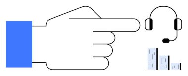 İletişim ve çubuk grafiğini temsil eden bir kulaklığın yakınındaki büyük işaret eli büyümeyi vurguluyor. Müşteri hizmetleri, iletişim, analiz, destek, ilerleme, takım çalışması için ideal, basit daire