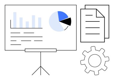 Pasta grafiği, bar grafiği, dokümanlar ve vites simgesiyle sunum tahtası. İş için ideal, analitik, strateji, planlama, takım çalışması üretkenlik akışı. Basit düz metafor