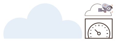 Büyük bulut, gözetleme kamerası ve bulut depolama, veri güvenliği ve performans monitörünü gösteren hız göstergesi. Bulut hesaplama, siber güvenlik, teknoloji ve analitik veriler için ideal