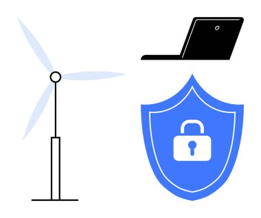 Rüzgar türbini, dijital dizüstü bilgisayar ve kilit enerjiyi, güvenliği ve dijital bağlantıyı vurgulayan mavi siber güvenlik kalkanı. Teknoloji, sürdürülebilirlik, güvenlik, yenilik için ideal yeşil enerji