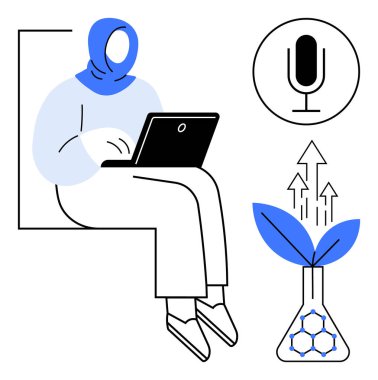Laptop 'ta çalışan bir birey, büyümeyi simgeleyen bir laboratuvar şişesi, iletişimi temsil eden bir mikrofon. Teknolojik yenilik, araştırma, eğitim, sürdürülebilirlik, yaratıcılık ve uzak çalışma için ideal
