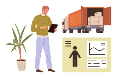 Tableti inceleyen adam, lojistik çizelgesi ve nakliye kutularıyla birlikte kamyonun yanında bitki yetiştiren adam. Lojistik, tedarik zinciri, teslimat yönetimi, sevkiyat takibi, depo operasyonları, ekommerce için ideal