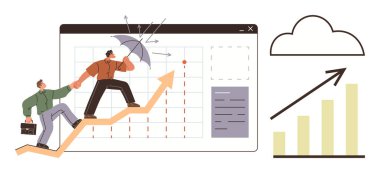 Biri zorluklara karşı bir şemsiye tutarken, iki figür bir ok üzerinde yukarı tırmanıyor. Çizelge ve bulut sembolü veri büyümesi ve ilerlemesini vurguluyor. Liderlik için ideal, takım çalışması, başarı, büyüme