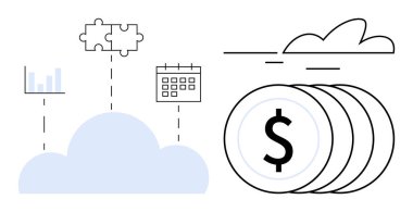 Bulut, bar grafiği, bulmaca parçaları, takvim ve dolar paraları noktalı çizgilerle birbirine bağlı. Teknoloji, finans, işbirliği, üretkenlik yeniliği planlamak için ideal basit düz metafor