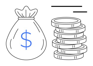 Para çantasının yanında dolar işareti ve yığılmış paralar mali planlamayı, zenginliği ve tasarrufu temsil ediyor. İş, ekonomi, yatırım, bütçe, bankacılık, finansman ve muhasebe kavramları için ideal