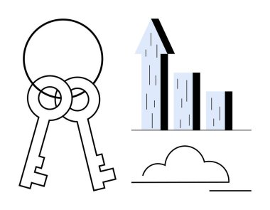 Kilitli anahtarlar güvenliği simgeler, bar çizelgesi büyümeyi simgeler ve bulut teknolojiyi temsil eder. İş, veri, bulut hesaplama, siber güvenlik, finans, başarı için ideal basit iniş sayfası