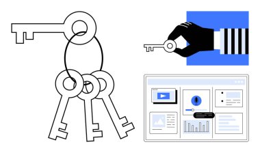 Yüzükteki anahtarlar, anahtarı tutan eller ve güvenlik elemanlarıyla bilgisayar arayüzü. Siber güvenlik, erişim kontrolü, dijital koruma, kimlik doğrulama, veri güvenliği, şifreleme için ideal