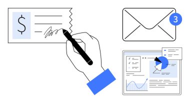 El işaretleri kontrolü, e-posta zarfı. Tablette bildirim, harita ve imleç işaretli. Bankacılık, finans, e-ticaret, iletişim, iş akışı dijital etkileşim için ideal basit iniş sayfası