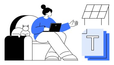 Koltukta dizüstü bilgisayar kullanan bir kadın, yanında dinlenen bir kedi, arka planda güneş paneli, katmanlı metin belgeleri. Uzak çalışma, sürdürülebilirlik, eğitim, yenilik, enerji tasarrufu eko yaşam tarzı için ideal