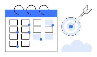 Vurgulanmış tarih ve notlarla takvim ızgarası, mavi dart hedefi ve bulut elementi. Planlama, planlama, üretkenlik, strateji, son tarih hedefleri ve odaklanma için ideal. Basit düz