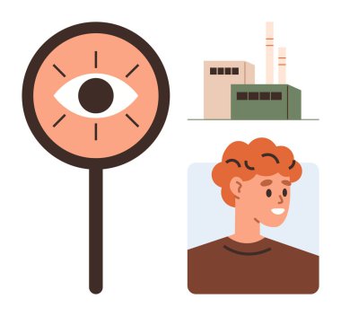 Gözün odak noktası gözlemi sembolize ediyor. Sanayiye bağlı fabrika ve erkek figürü bireysel bağlantıyı gösteriyor. Gözetleme, izleme, endüstri, mahremiyet ve toplum için ideal