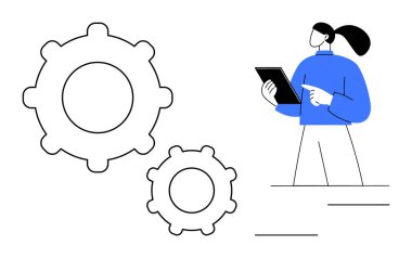 Büyük viteslerin yanında duran tabletli kadın mekanizmaları işaret ediyor. Takım çalışması, üretkenlik, mühendislik, analiz, yenilik, imalat, basit iniş sayfası için ideal
