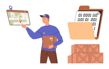 Bir kutuyu tutan kurye navigasyon için dijital bir harita kullanır. Yakınlarda sandıklar, bir dosya dizini ve ikili veri var. Teslimat, lojistik, dijitalleştirme, tedarik zinciri, depolama sistemleri teknolojisi için ideal