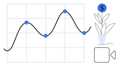 Grafik üzerinde veri noktaları olan dalgalı bir çizgi dolar işaretli saksı bitkisi, video konferans düğmesi. Finansal büyüme, yatırım, analitik, sanal toplantılar, strateji, ilerleme için ideal