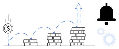 Yükselen yükseklikler, büyüyen oklar, çan simgesi ve dişliler, verimlilik ve ilerleme olduğunu gösteriyor. Finans, yatırım, strateji, büyüme, başarı planlaması için ideal