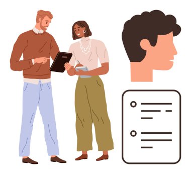 İki meslektaş, bir profil başı ve kontrol listesi eşliğinde belgeler üzerinde tartışıyorlar. İşbirliği, iletişim, takım çalışması, işyeri, organizasyon, planlama, insan kaynakları için ideal